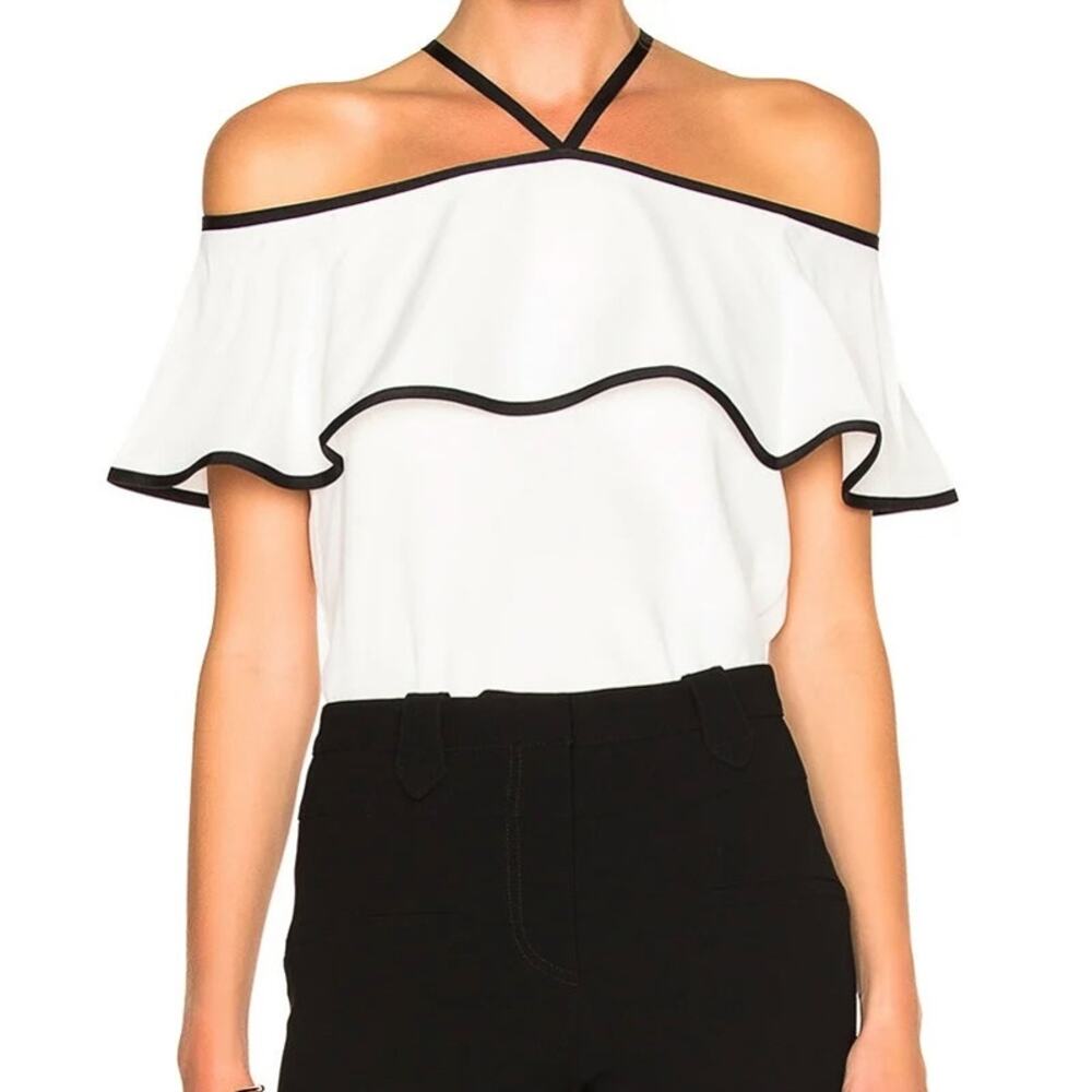 Alexis Isa Off The Shoulder Ruffle Top White Black Trim Halter Tie Size Small